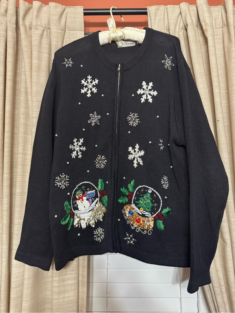 Black Embellished Holiday Zip-Front Cardigan